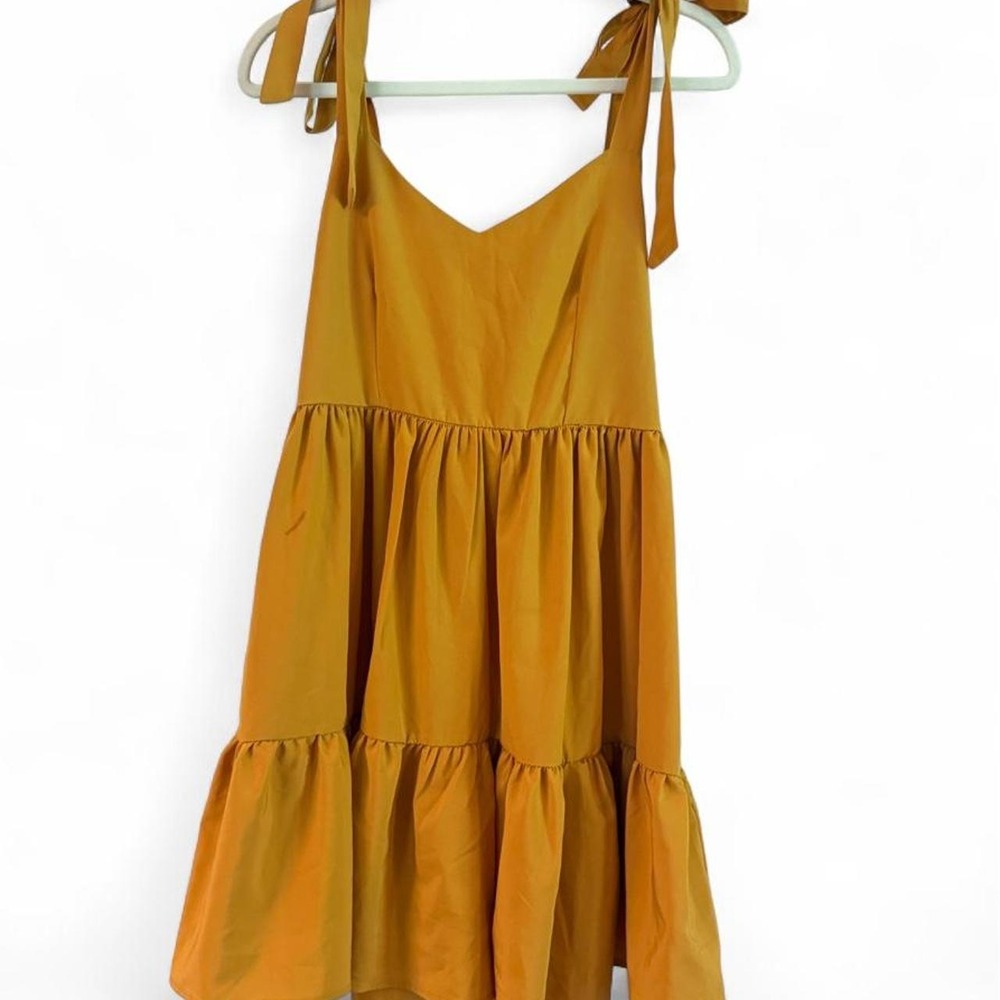 Boohoo mustard yellow mini shift dress with ruffle hem
